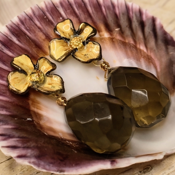 Handpainted Brown Flowers & Smoky Quartz In Chunky Artisan Gold Plated Earrings - Picture 4 of 9